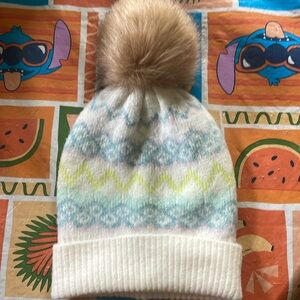 LOFT hat with Pom Pom super cute NWT white with blue pink and yellows for winter